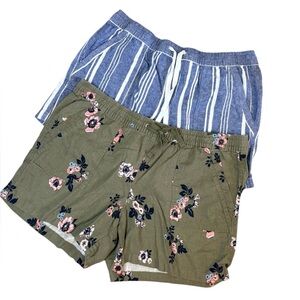 Bundle Of Nautica Green Floral and Blue Striped Linen Blend Casual Summer Shorts